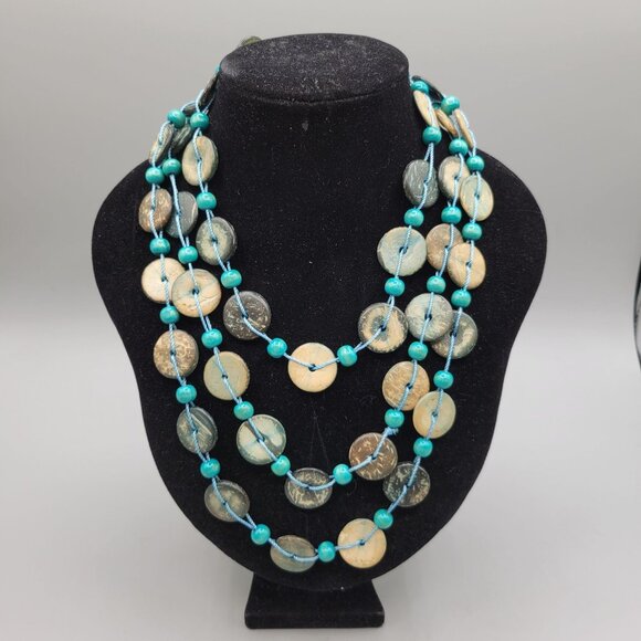Coconut Disk Beaded Necklace Boho Style Handmade 56 Inch - Picture 1 of 6